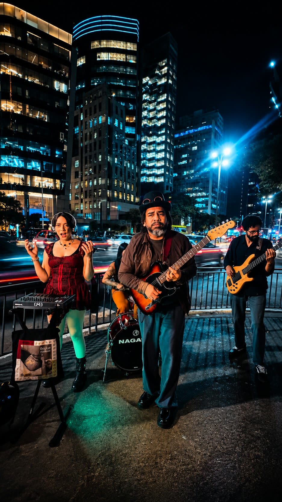 Dkukas tocando na rua, à noite, entre os prédios de São Paulo